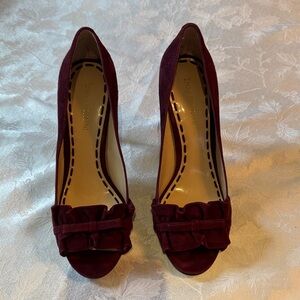 Enzo Angiolini Burgundy Suede Peep-Toe Heels with Ruffle Bow